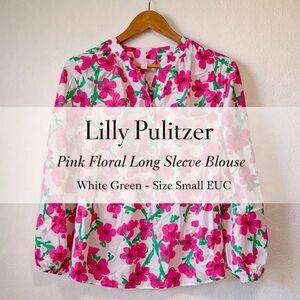 Lilly Pulitzer Pink Floral Long Sleeve Blouse White Green Size Small EUC